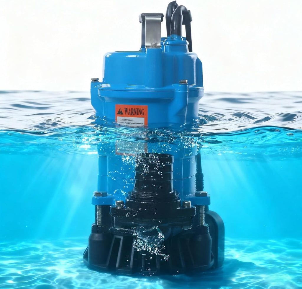 1HP Submersible Sewage Pump, 5019GPH Portable Trash Pump 3420RPM Cast Iron Utility Equipment, 59ft Lift for Basement