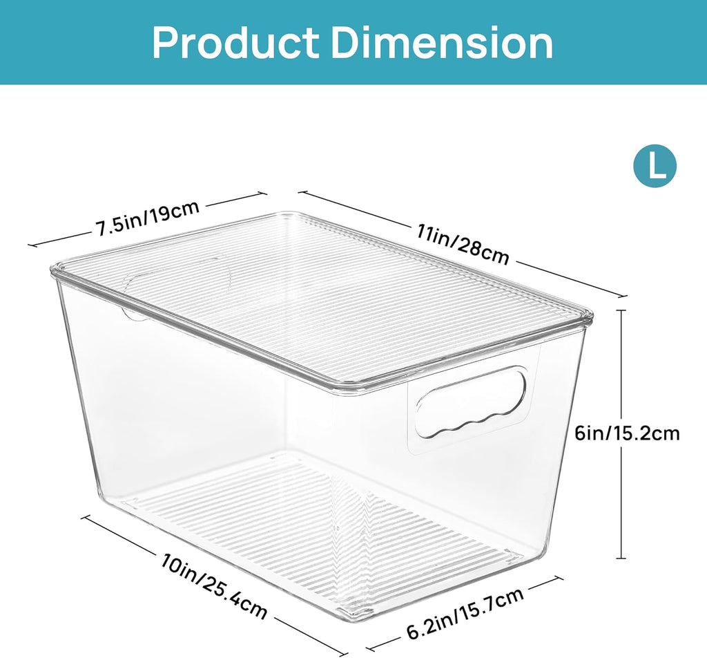 6 Pack Clear Stackable Storage Bins with Lids, Large Plastic Containers with Handle for Pantry Organizer and