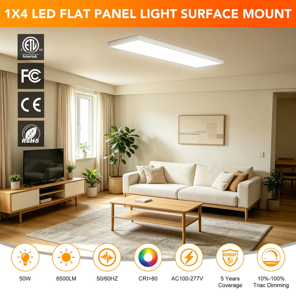 6 Pack 1x4 LED Flat Panel Light Surface Mount, 6500LM, ETL Listed