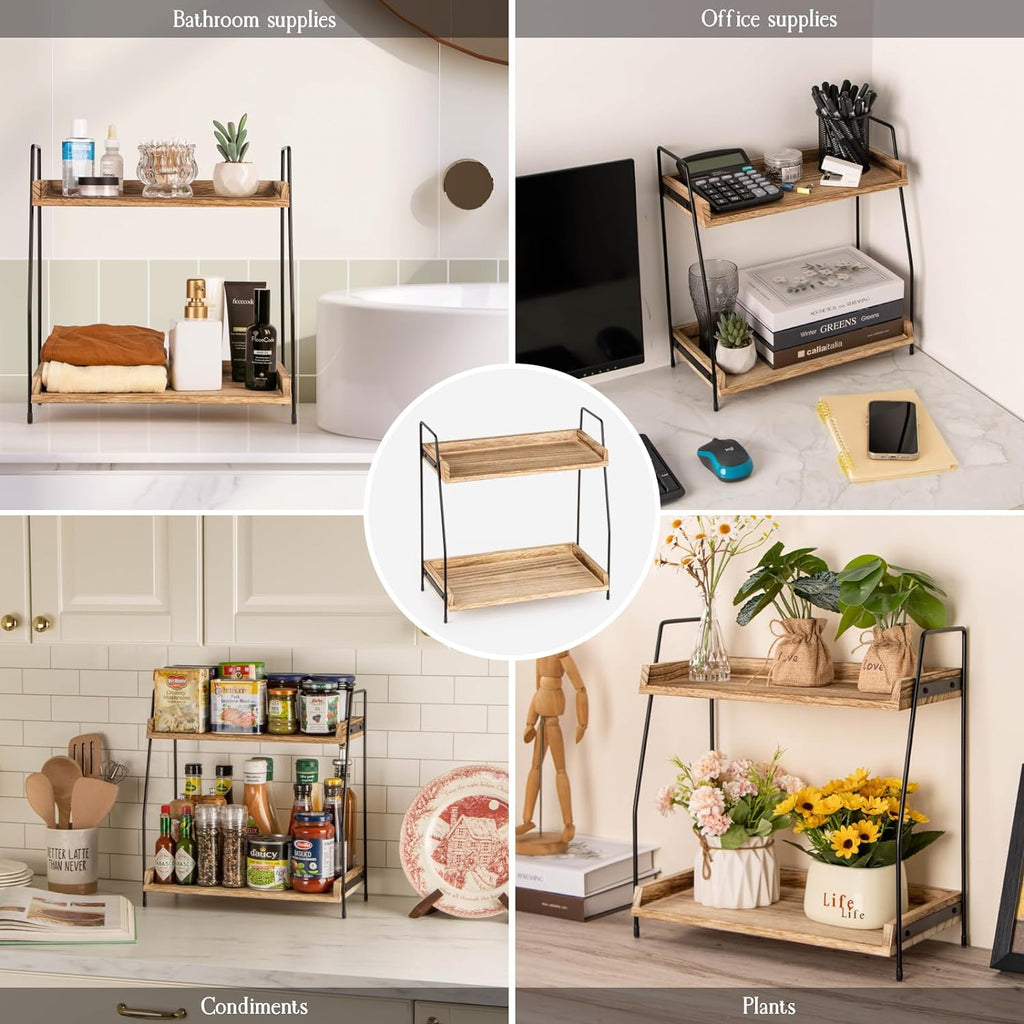 Countertop Coffee Station Organizer, 2 Tier Wooden Shelf