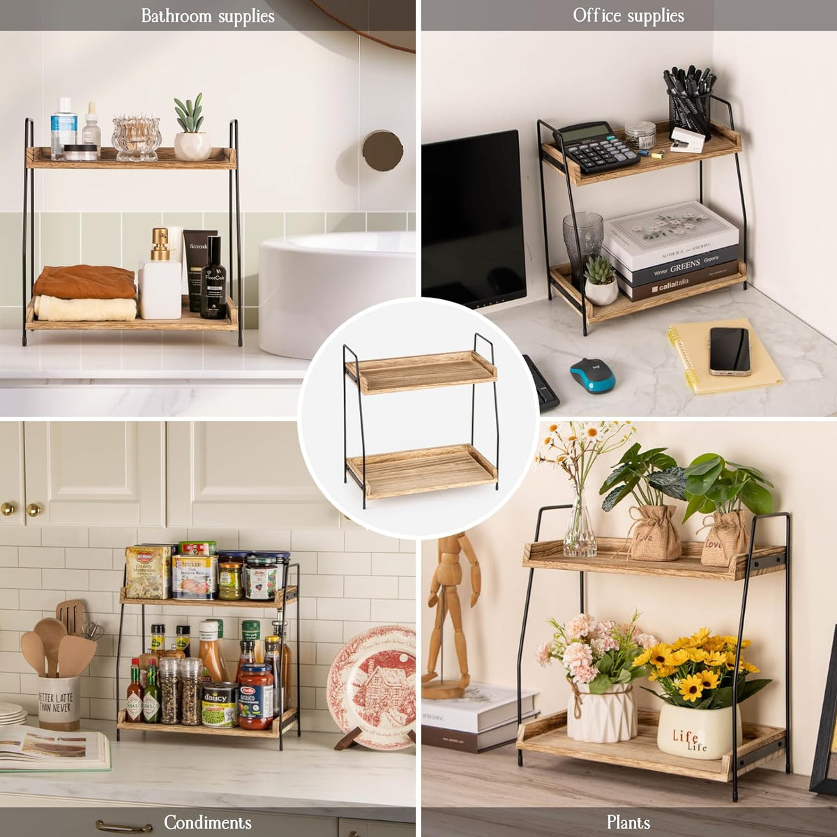 Countertop Coffee Station Organizer, 2 Tier Wooden Shelf