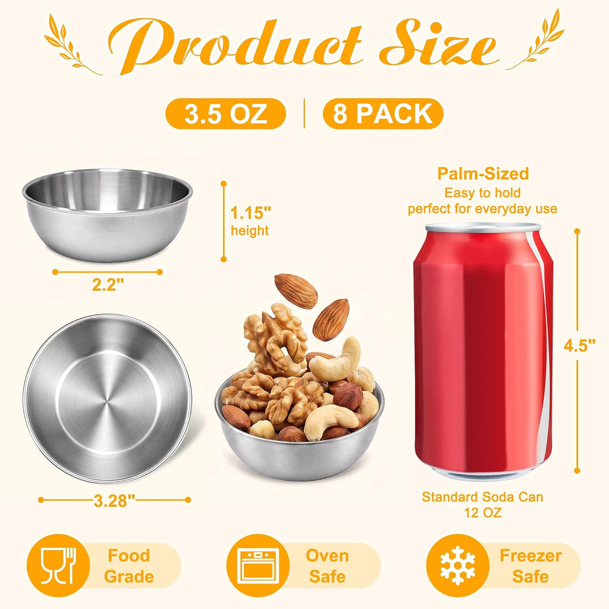 Stainless Steel Small Dipping Bowls, 3.5oz, 8-Pack, Silver
