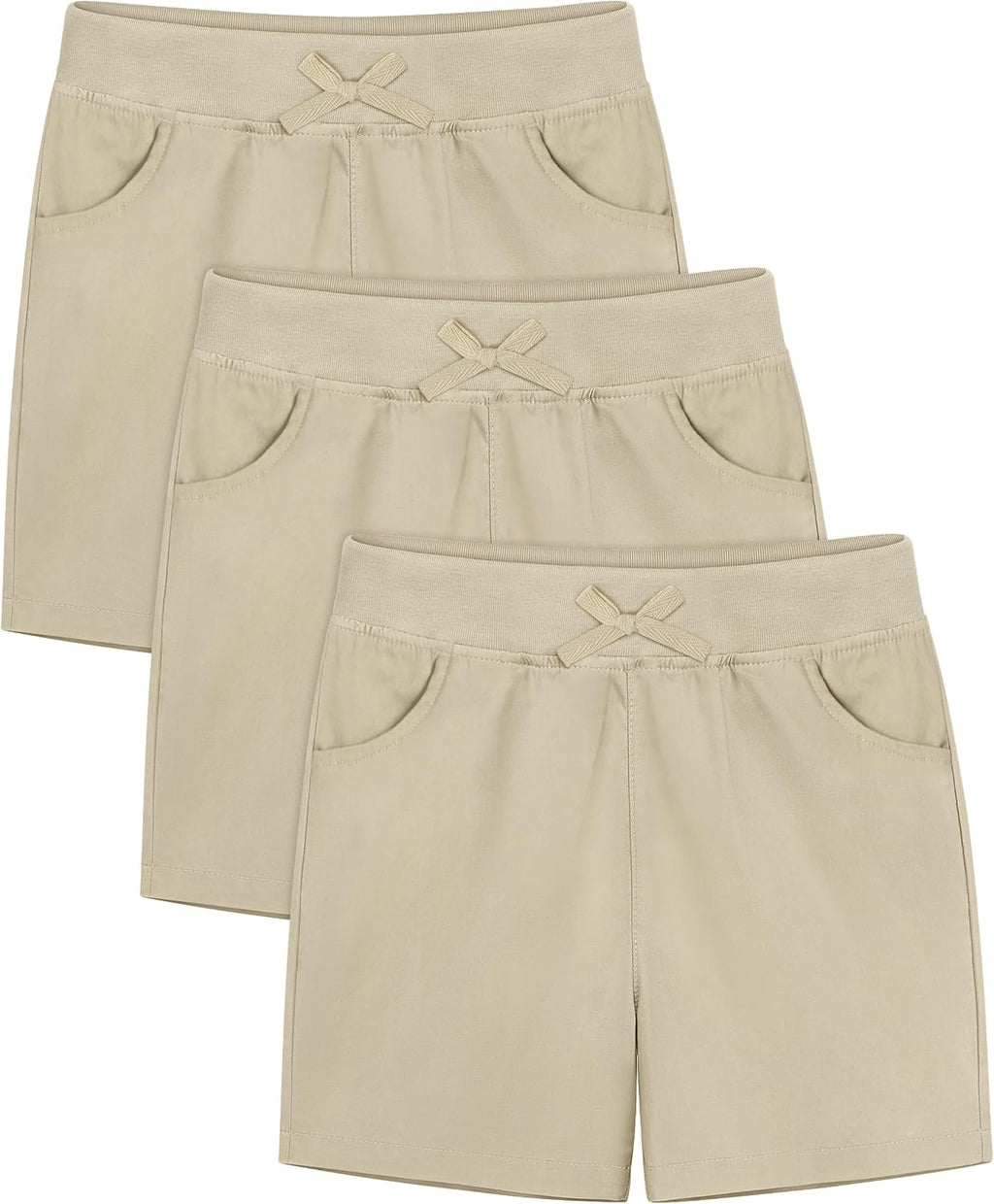 3 Pack Girls School Uniform Bermuda Shorts Pull-on Chino Elastic Waist Summer Soft Play Shorts with Pockets 5-13Y