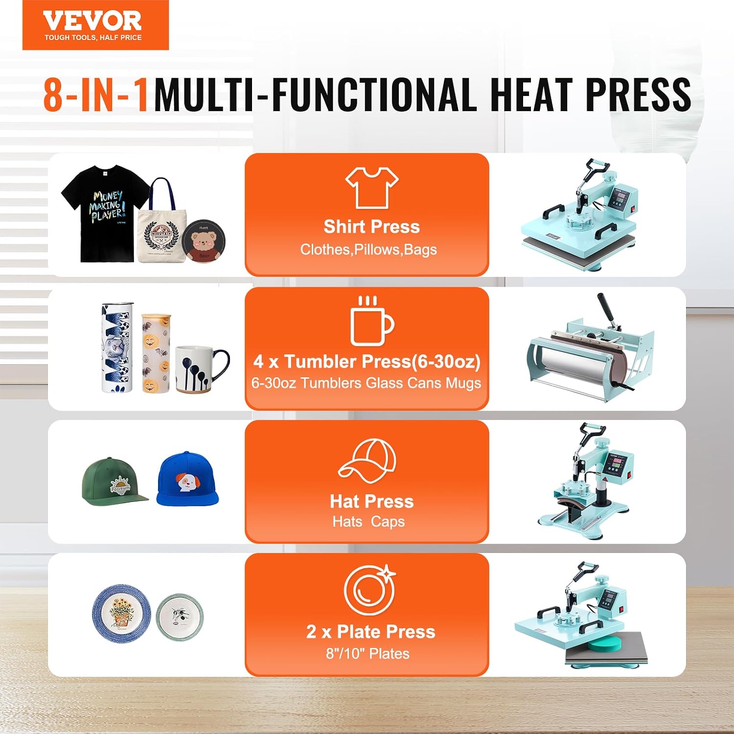 15x15 Heat Press Machine 8 in 1 Combo with 30 OZ Tumbler Press & Hat Press, Slide Out Heat Press Sublimation Machine
