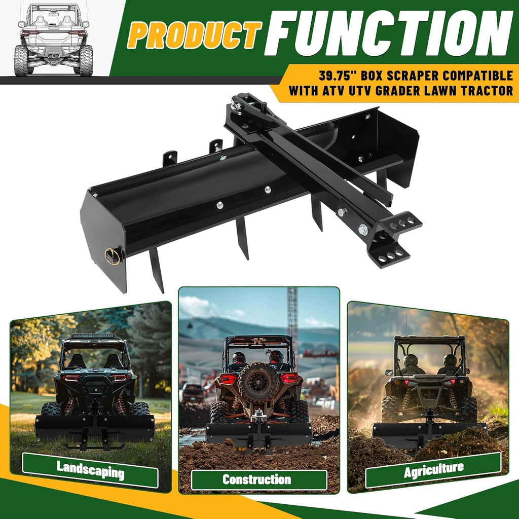 39.75" Box Scraper Compatible with ATV UTV Grader Lawn Tractor Attachments w/Adjustable Blade Sleeve Hitch Tow Behind