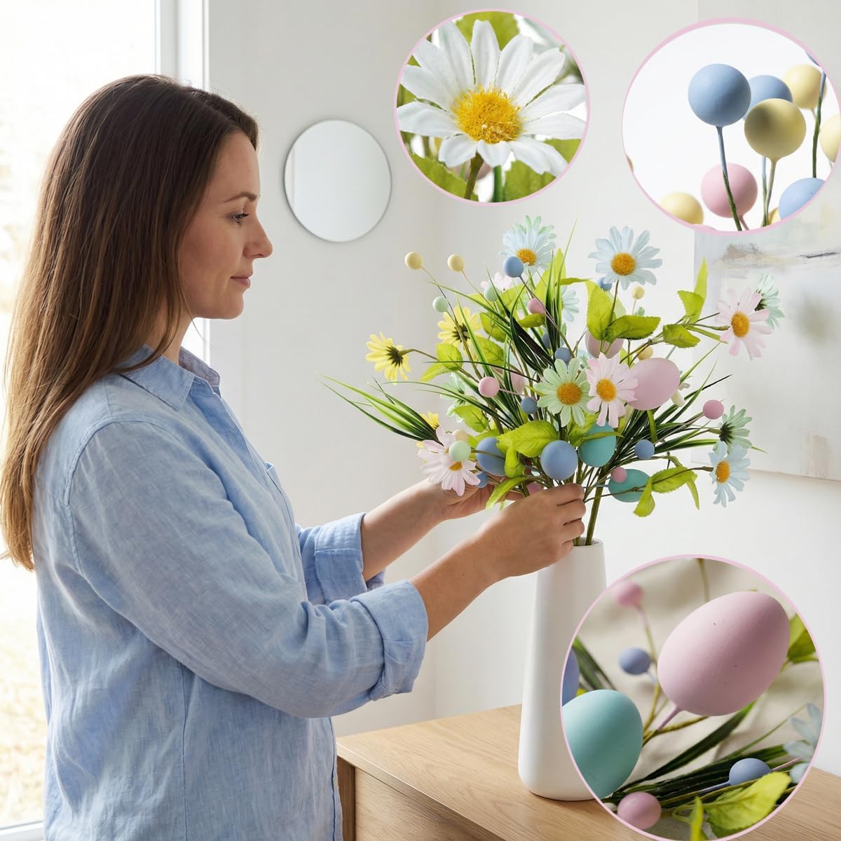 Easter Artificial Flowers with Eggs, 6 Pcs Spring Floral Arrangement | Includes Wildflowers Stems, Silk Daisies &