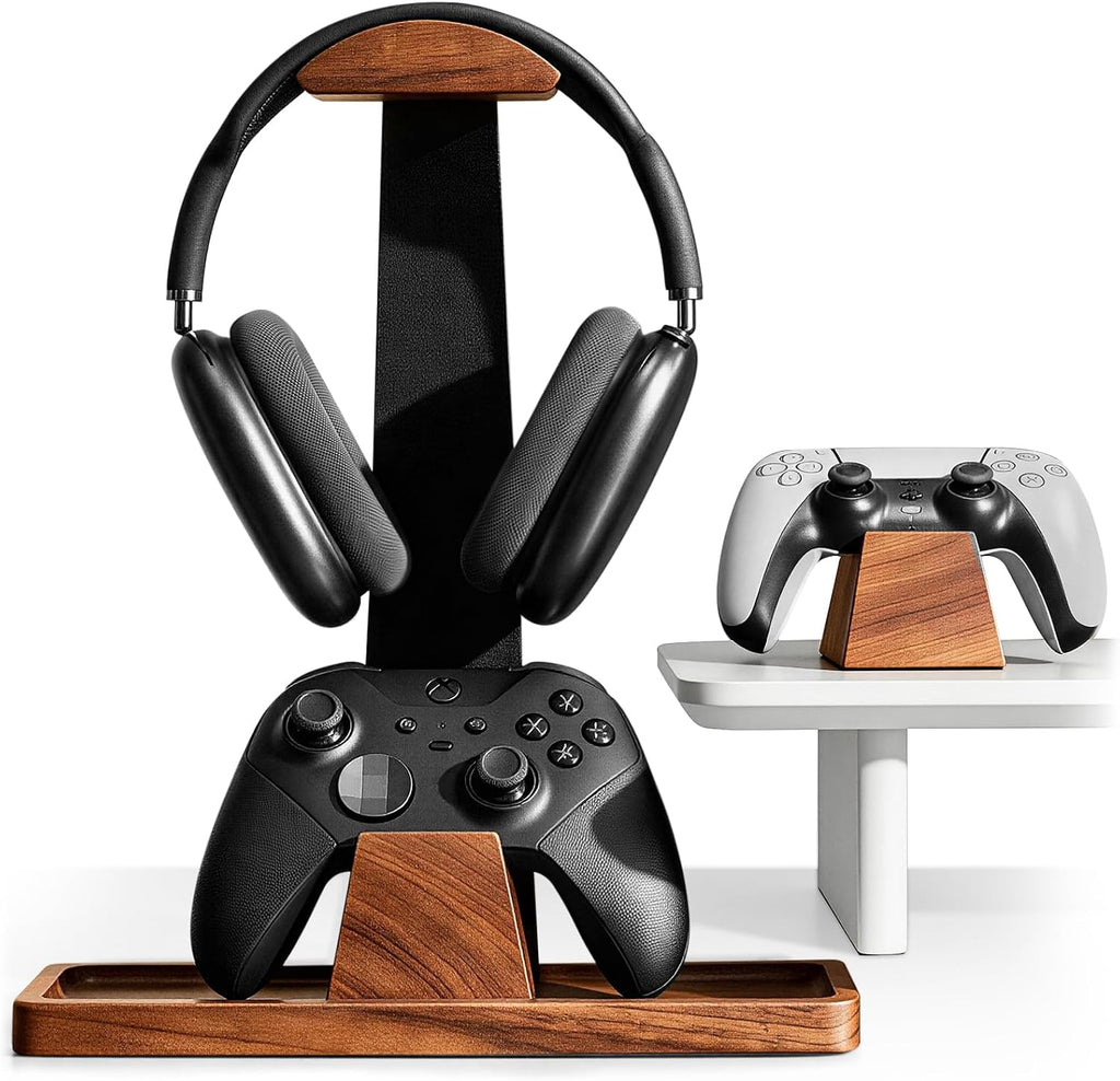 Headphone and Headset Stand with Controller Holders for Gaming Desk | Solid Wood, Holds 2 Controllers, Storage Tray