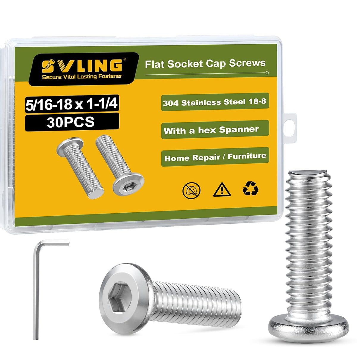 5/16-18 x 1-1/4" Bolt, 30PCS Flat Head Hex Socket Cap Screws Bolts, 304 Stainless Steel 18-8, Fully Threaded, with Hex Spanner