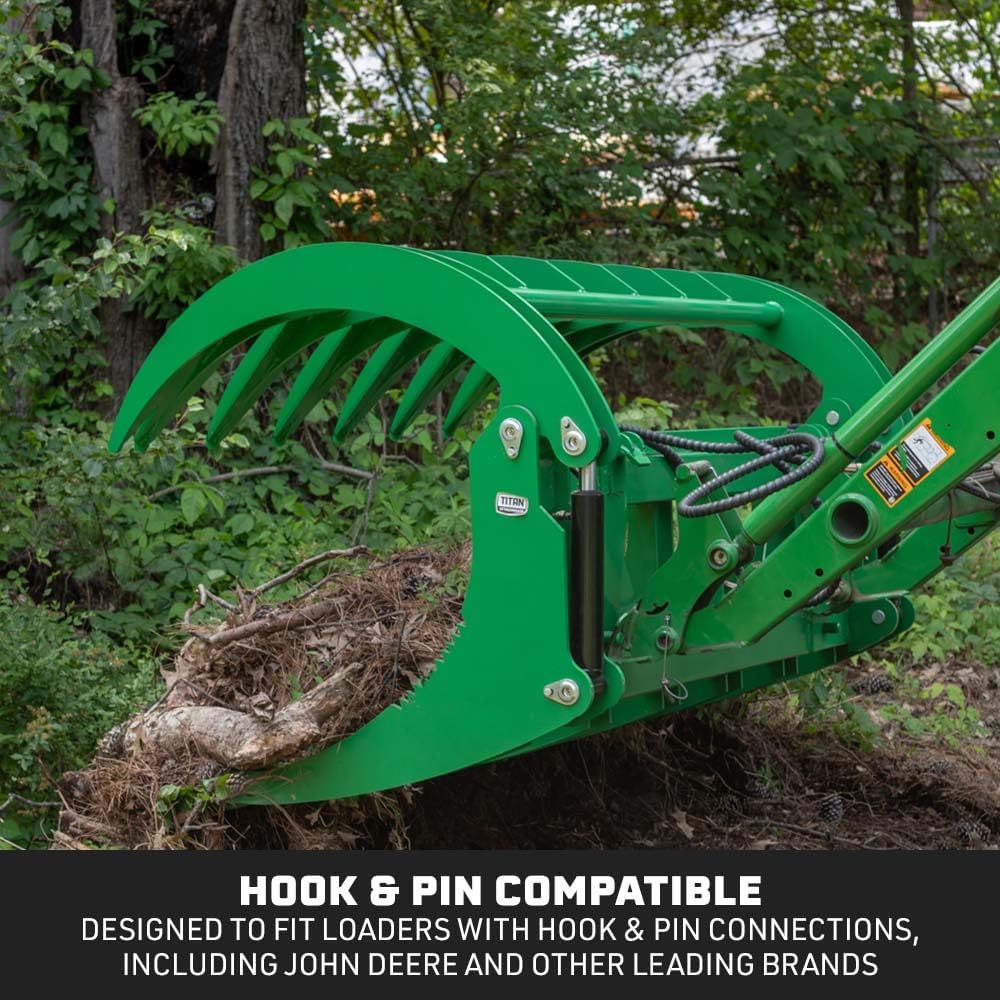 72" HD Root Grapple Rake Attachment, Fits John Deere Hook & Pin Tractors, Twin 3,000 PSI Cylinders, Clears Rocks