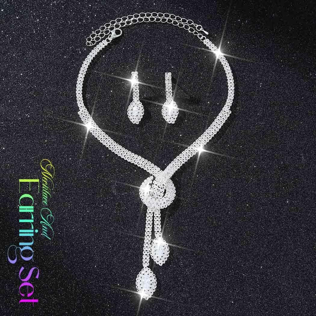 Silver Rhinestone Bridal Wedding Jewelry Set Crystal Necklace Earrings Sets Formal Prom Costume Jewelry Sets for