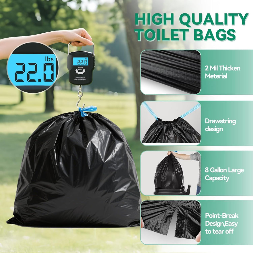 Portable Toilet Bags – 2 Mil Thickened Camping Toilet Bags, Drawstring Travel Potty Bag, 8 Gallon Camp Waste Bags for