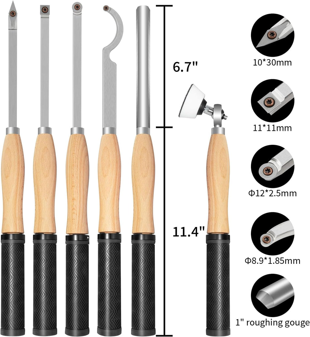 6-Pack Carbide Wood Lathe Turning Tools Set with Bowl Sander | Includes Swan Neck Hollowing Tool, Roughing Gouge