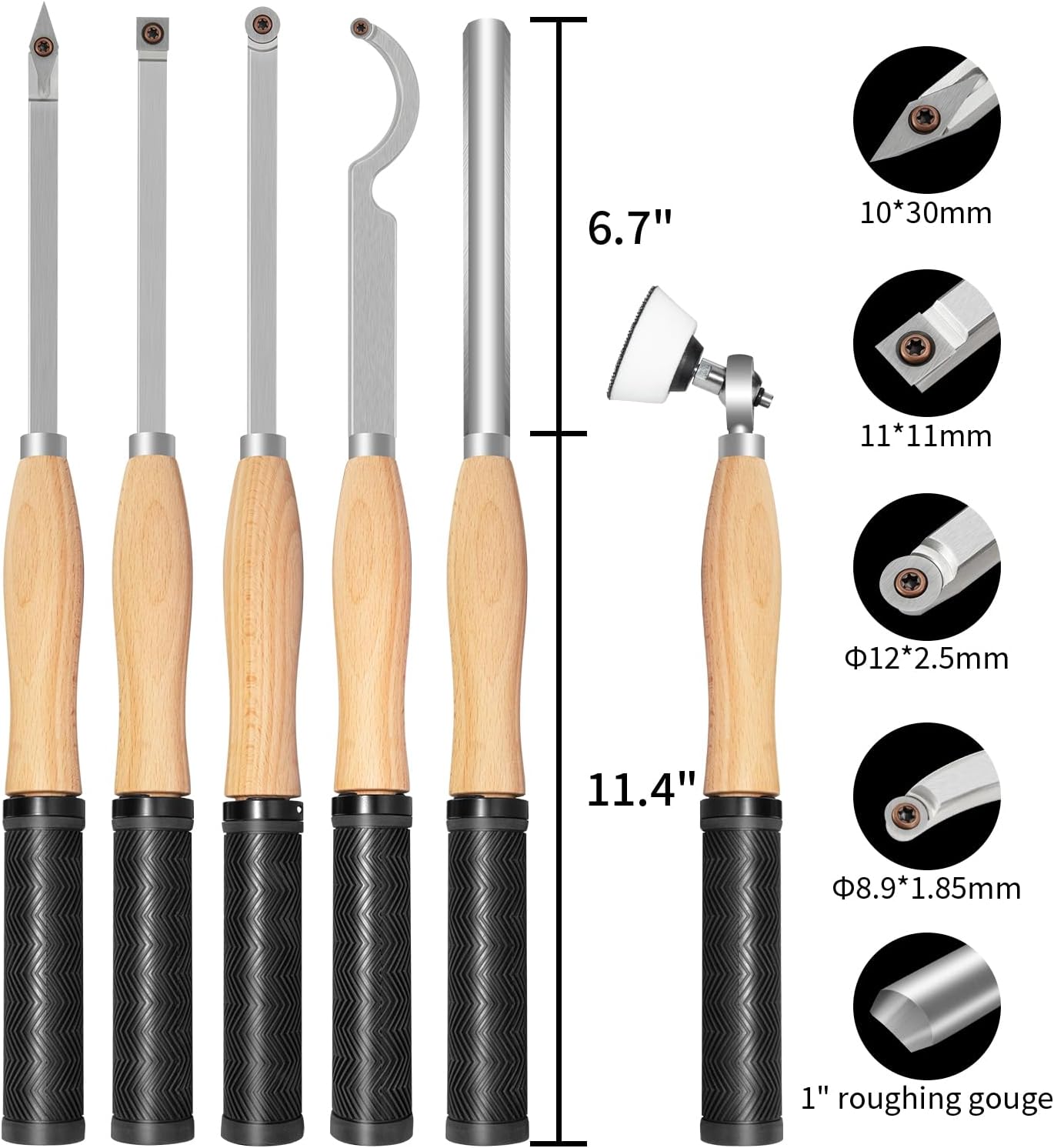 6-Pack Carbide Wood Lathe Turning Tools Set with Bowl Sander | Includes Swan Neck Hollowing Tool, Roughing Gouge