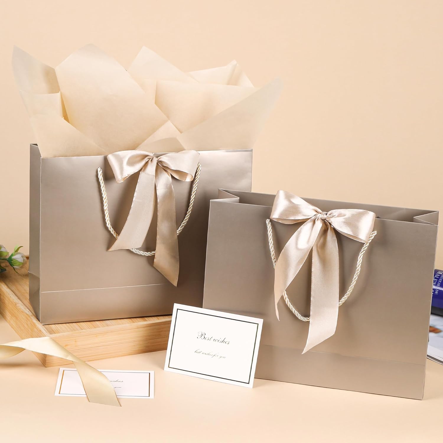 12.6" Medium Size Gift Bags, 4 PCS Gift Bags with 8 Tissue Paper 4 Greeting Cards, Elegant Bag with Handles for