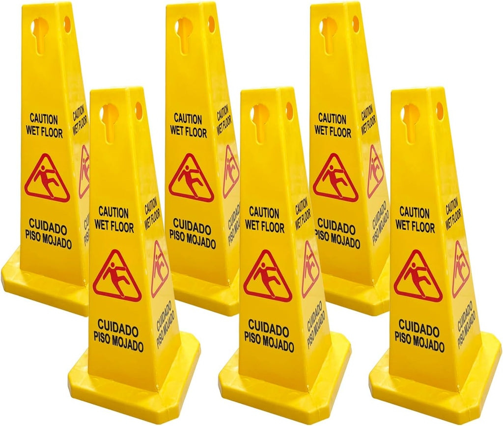 Pack of 6 Floor Safety Cone, Caution Wet Floor Sign Cones, 4 Sided Sign Cones, Yellow
