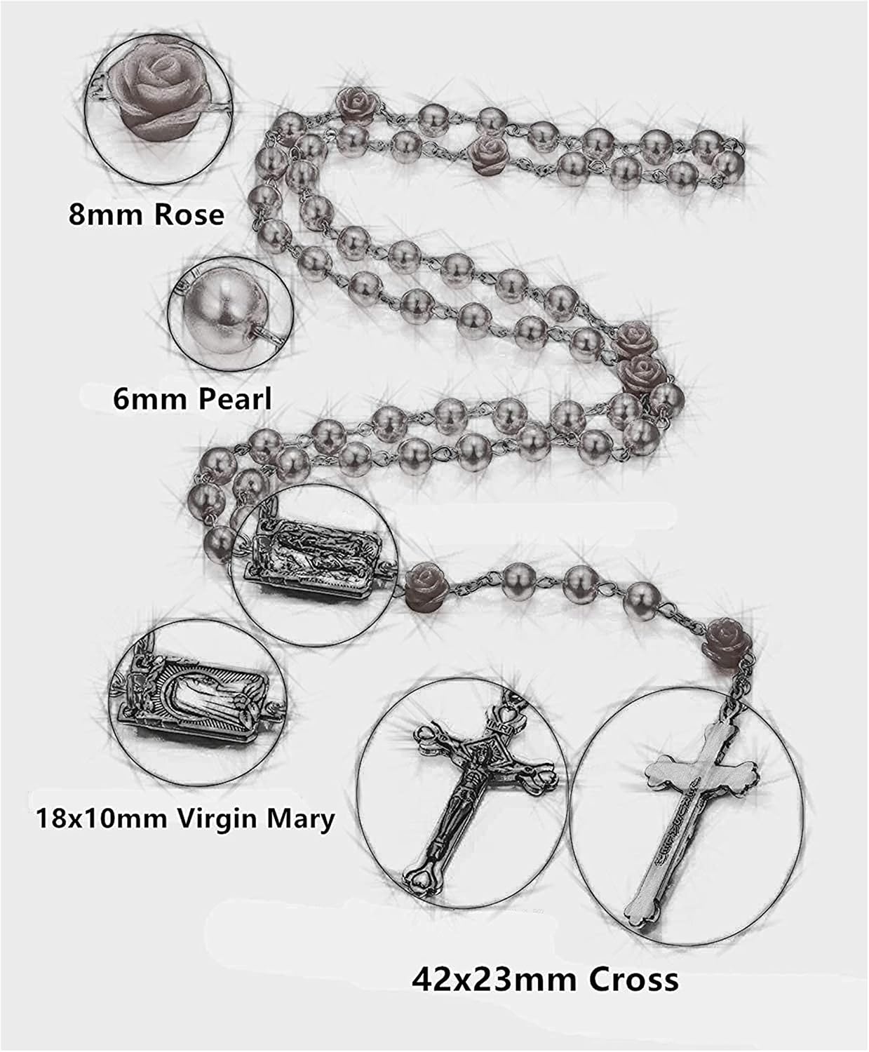 Rosary Beads Catholic Necklace Holy Soil Medal Cross Crucifix with Metal Box and 18pcs Prayer Cards