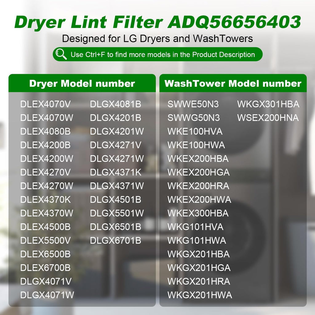 ADQ56656403 Dryer Lint Filter Replacement for LG WashTower & Dryers, Compatible with DLEX4000W DLGX4001W DLGX4201B DLGX4201W, Durable Lint Screen Trap, Replaces Parts 4960837 AP7012980 PS16546780
