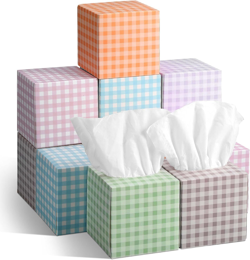 12 Pack Summer Colorful Plaid Facial Tissues Cube Face Boxes 600 Sheets 3 Ply Small Square Tissues Bulk for Car