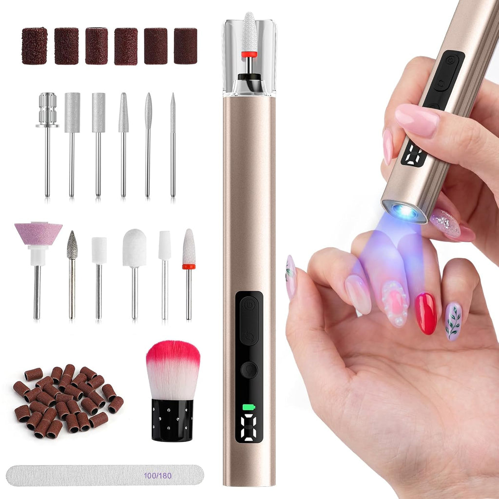 Cordless Electric Nail File Drill with UV Light Lamp, 5 Speed | Rechargeable Portable Manicure and Pedicure Kit, Nail