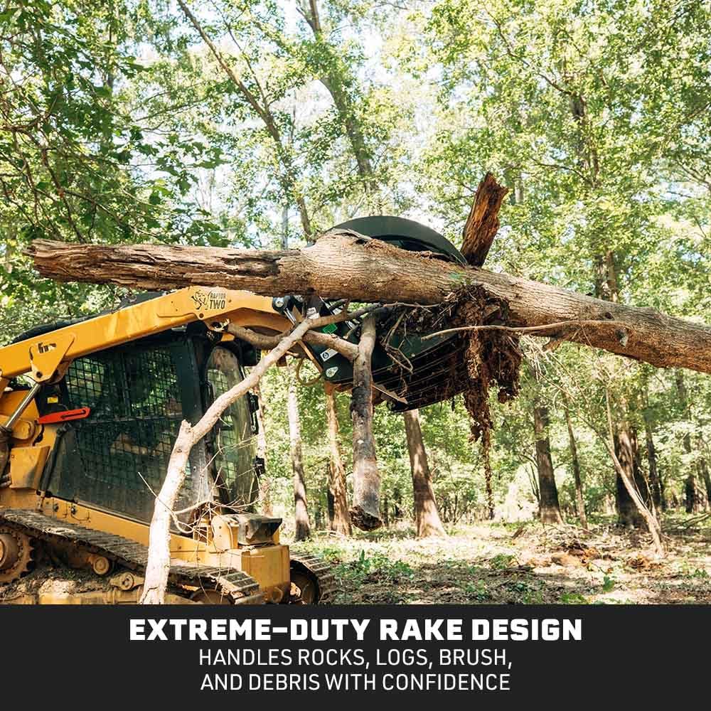 72" Extreme Root Grapple Rake Attachment, Universal Quick Tach Connection, Twin 3,000 PSI Cylinders, Replaceable