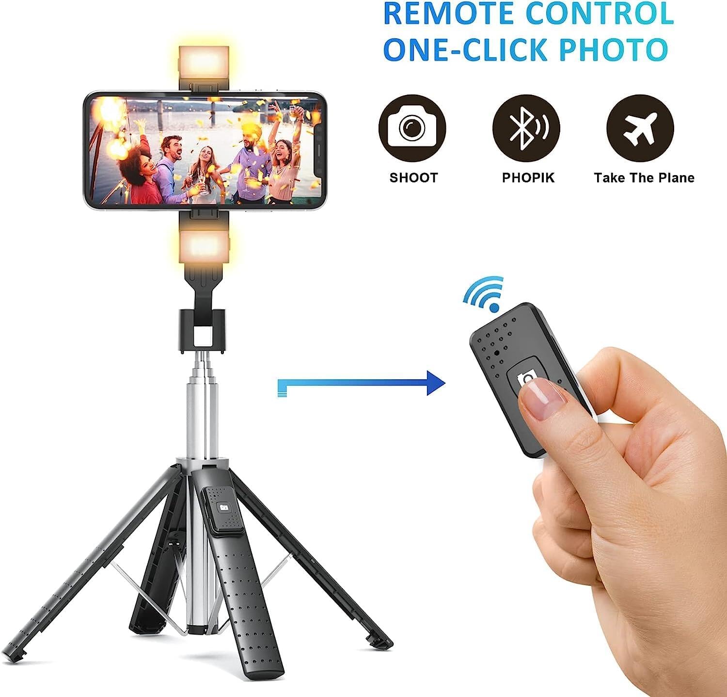 41” Selfie Stick Tripod Quadrapod with 2 Rechargeable Fill Light, Extendable Tripod with Bluetooth Remote, Stainless