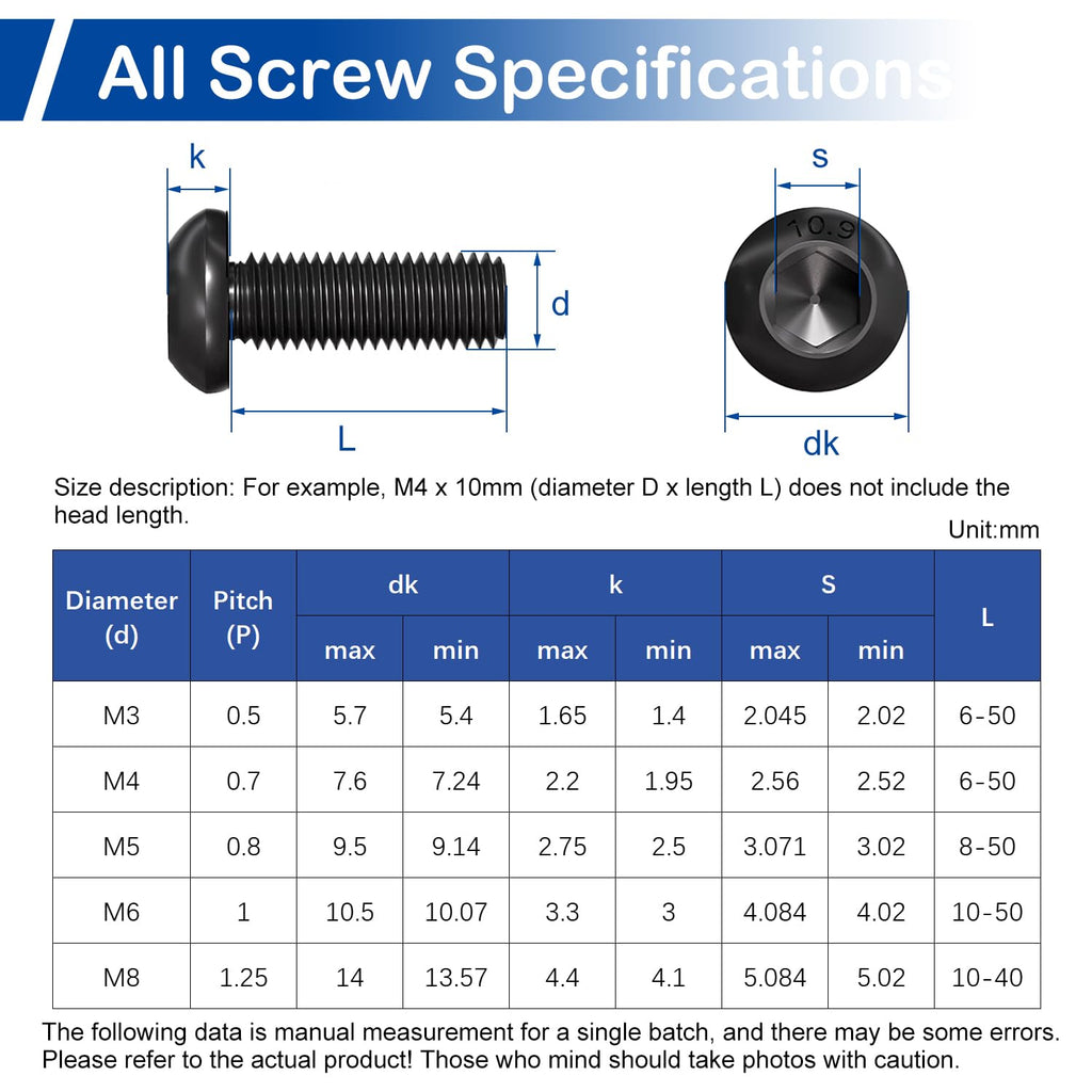 600 Pieces M3 Button Head Socket Cap Screws Nuts Washers Set Black