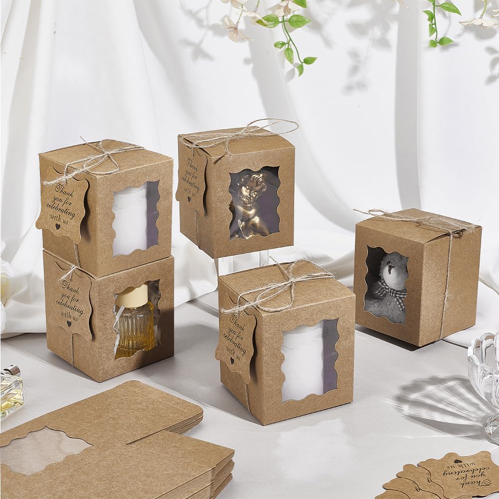 100 Set Brown Candle Gift Boxes 3.35x3.35x3.94inch Kraft Paper Gift Boxes Rectangle Packaging Box with Visible Window