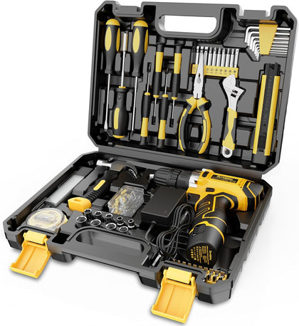 Home Tool Kit with Drill - 166-Piece General Basic Home Repair Tool Set with 12V Cordless Power Drill & Battery &