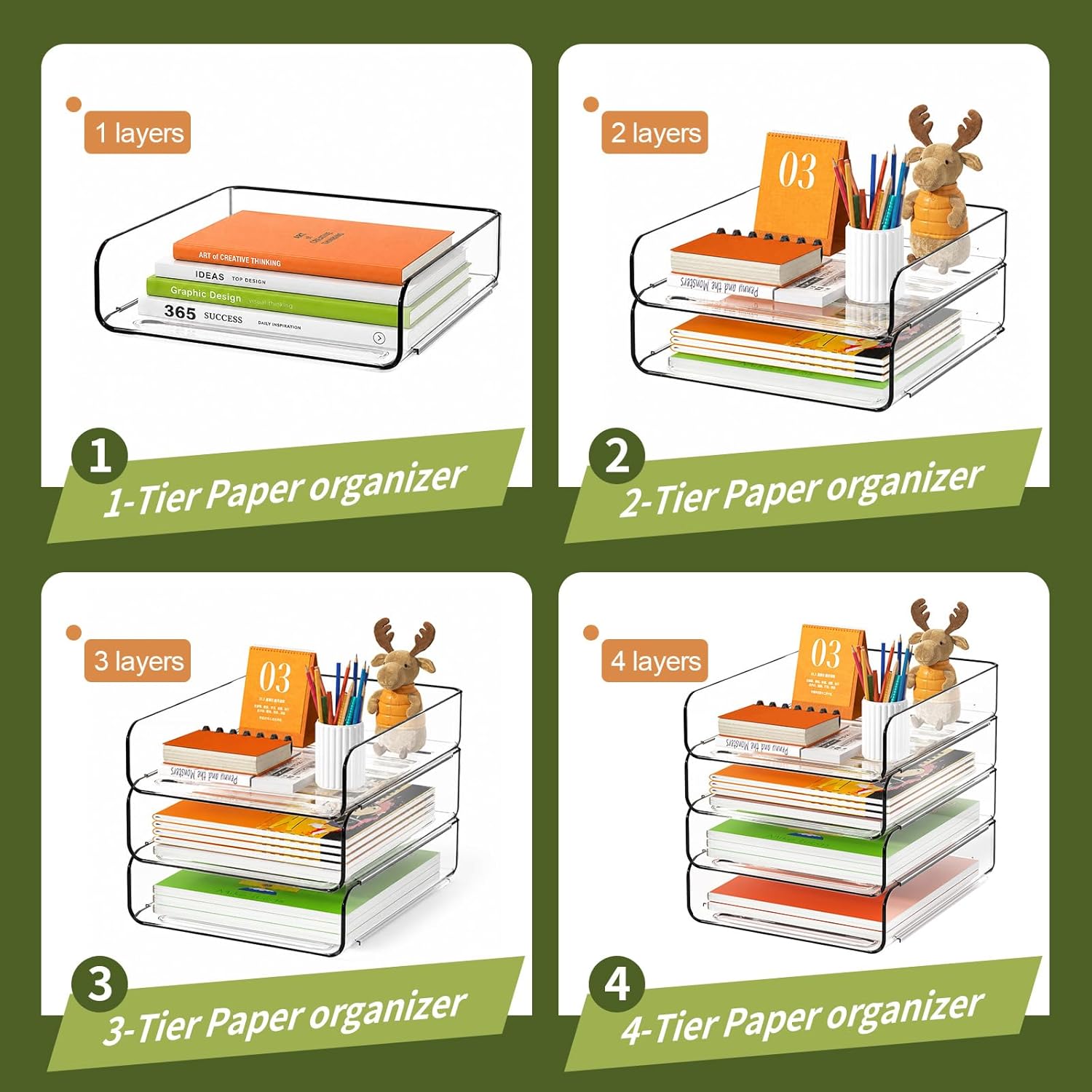 4-Tier Acrylic Paper Tray Organizer, Clear Stackable Desk File Organizer for Documents, Files, Letters, A4 Paper