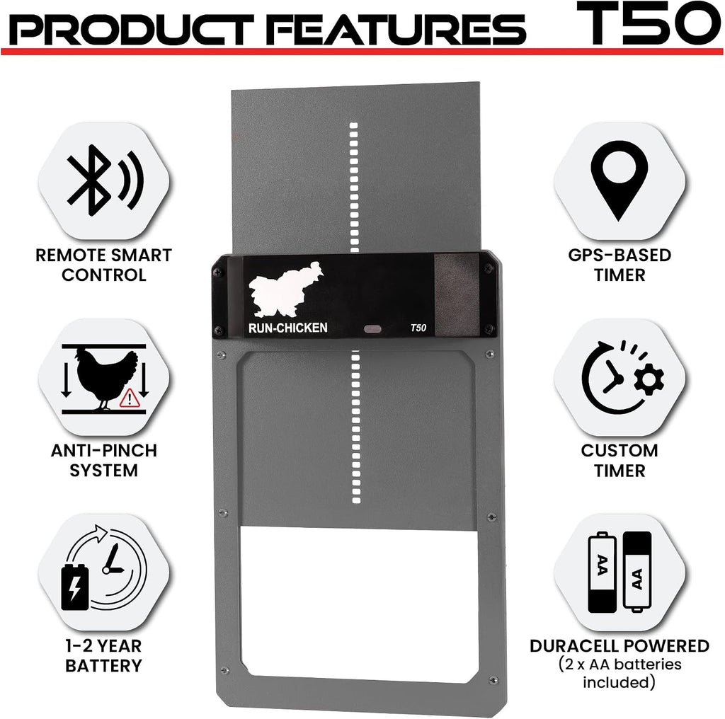 Door T50 – Automatic Chicken Coop Door Opener, Battery Powered & Weatherproof Aluminum, Smart App & Timer Control