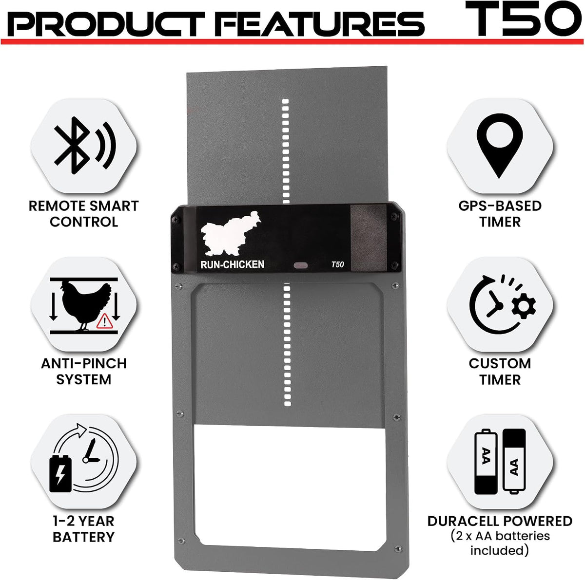 Door T50 – Automatic Chicken Coop Door Opener, Battery Powered & Weatherproof Aluminum, Smart App & Timer Control