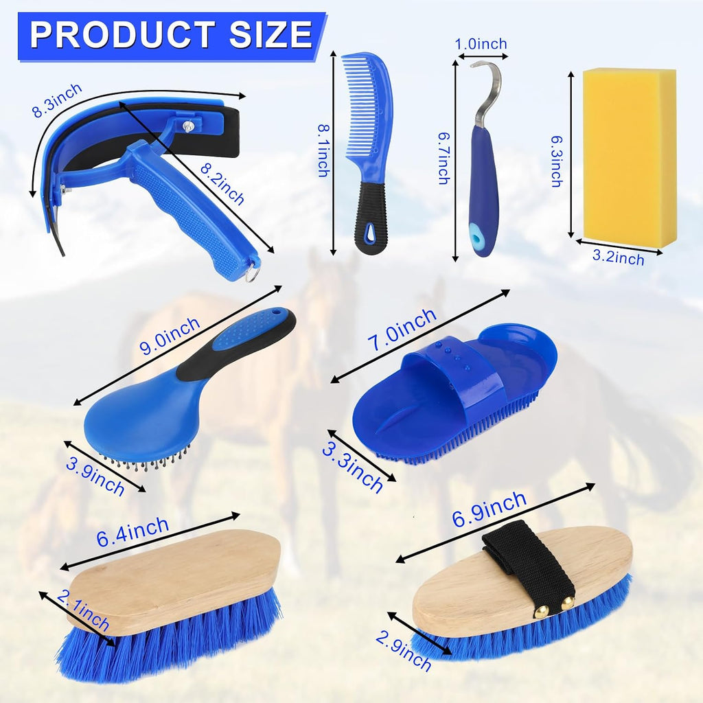 Horse Grooming Kit, 9-Piece Horse Brush Set with Tote Bag, Blue