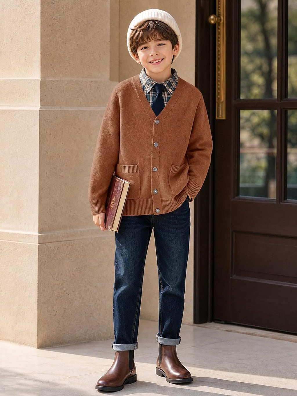 Boys Cardigan Sweater V Neck Button Down Uniform Sweater 5-14Y | Boys Youth School Uniform Cardigan Sweaters with