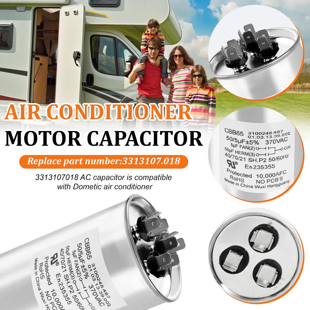 3313107.018 Capacitor Compatible with dometic RV Air Conditioner, 50/5uf±5%, 370VAC CBB65/CBB65A, Replaces 3316995.900, 3316348.900, 3100248.487