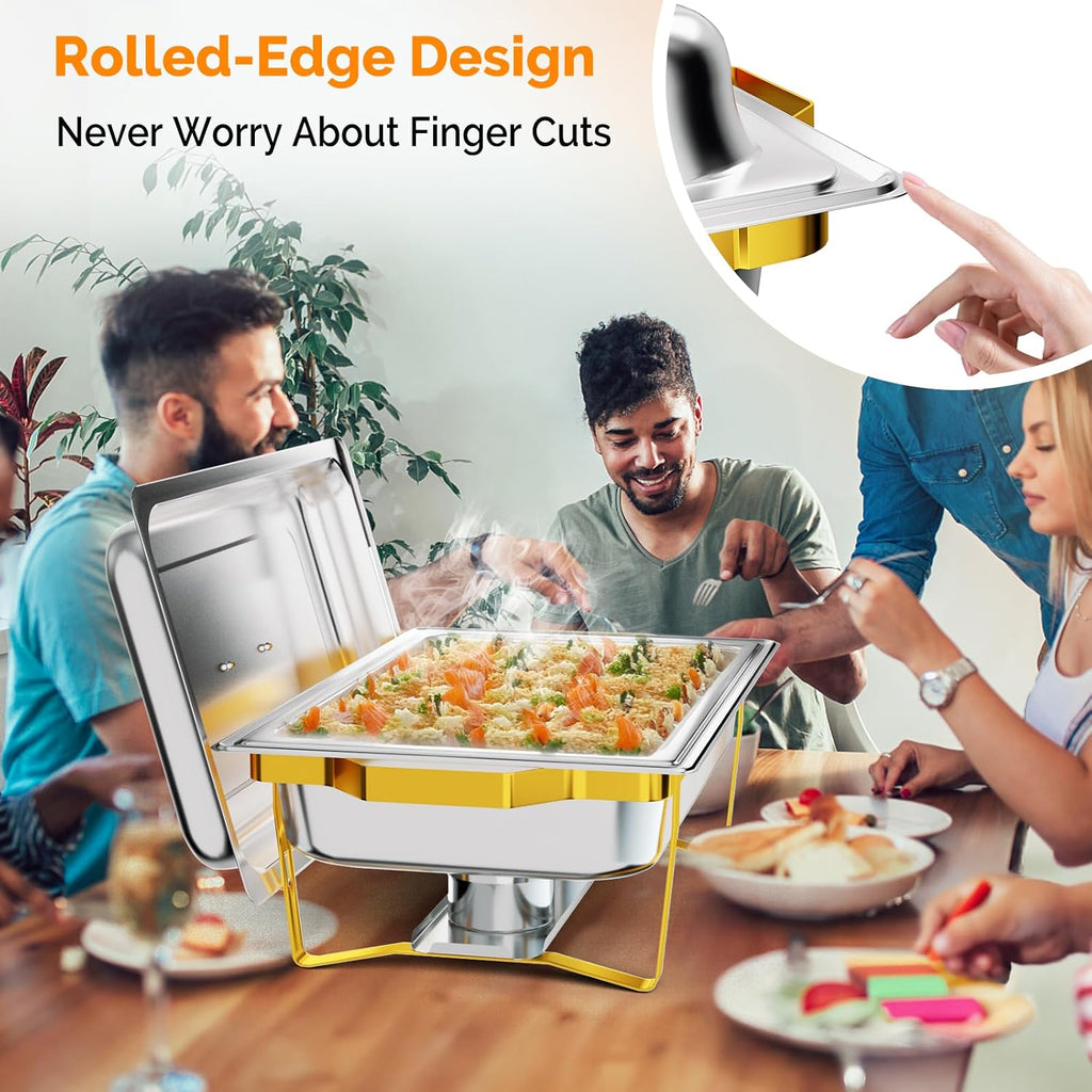 Chafing Dishes for Buffet 4 Pack, 9QT Chafing Dishes [Elegant Gold & Silver] with Rolled-Edge Design, Catering Chafer