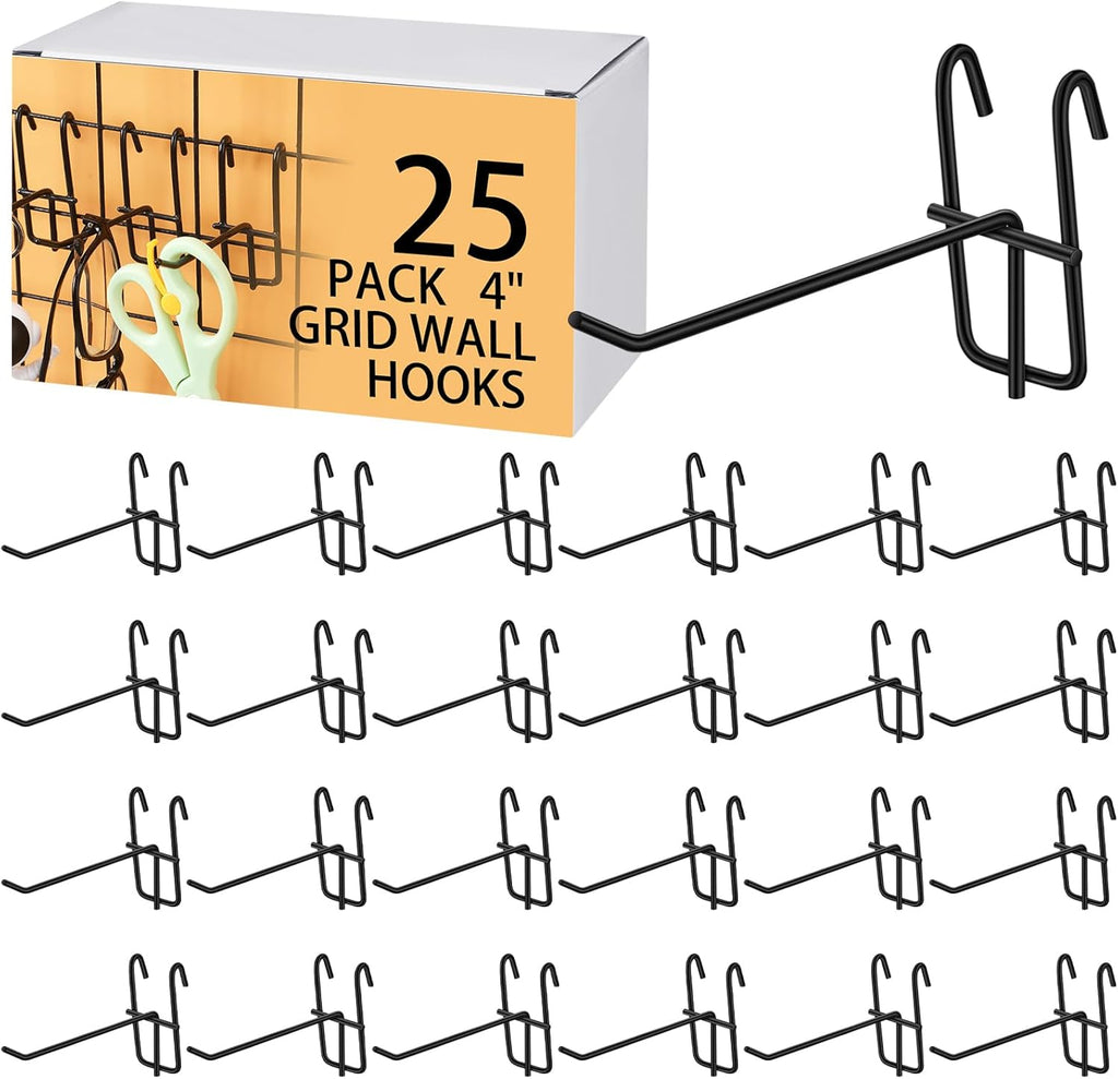 25 Pack Grid Wall Hooks, 4 Inch Black Gridwall Hanger | Metal Build for Retail Craft Displays, Fits Gridwall Panels
