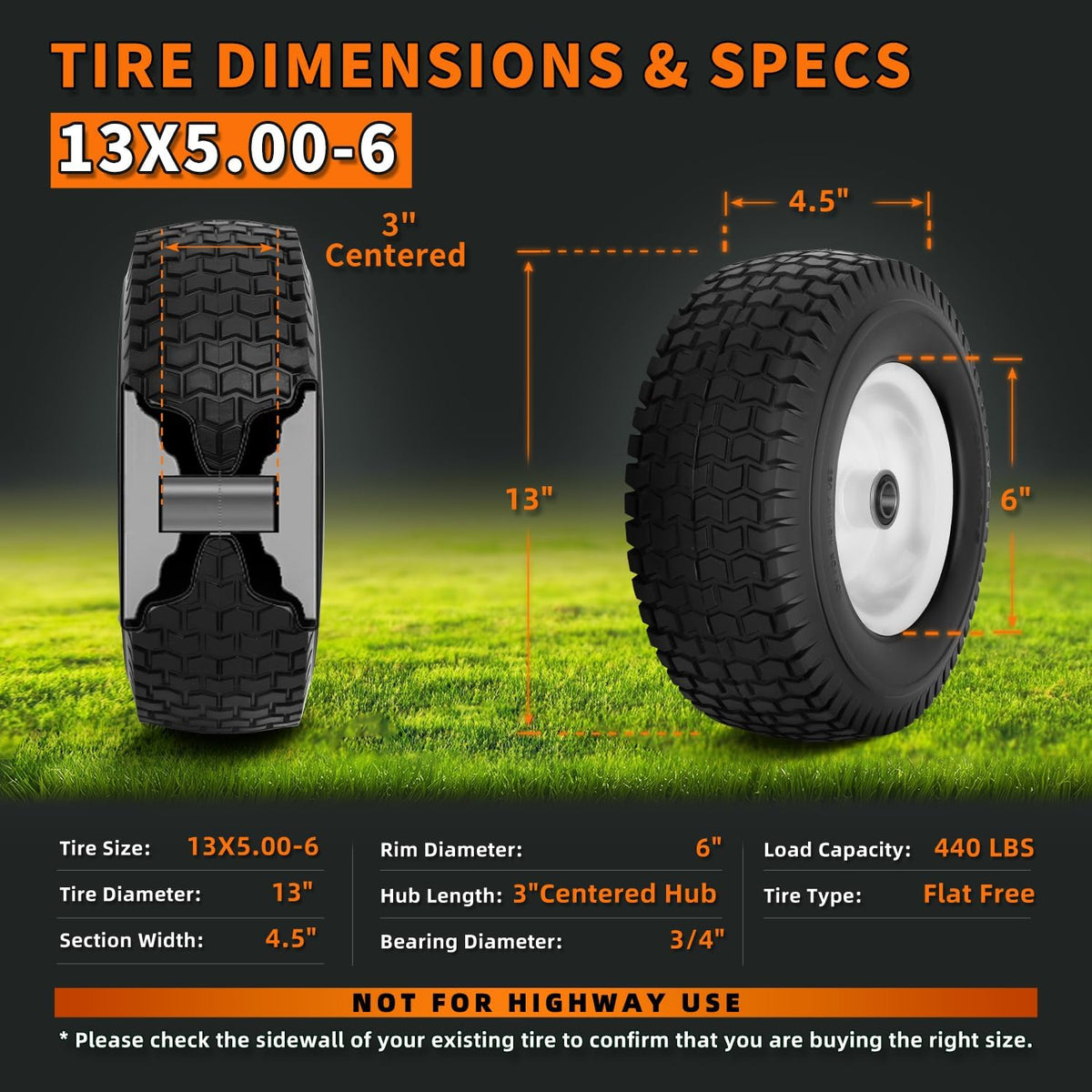 (2 Pack) 13x5.00-6 Tire and Wheel Flat Free, Solid Rubber Lawn Mower Tires Assembly for Riding Lawnmower, 3"-6"