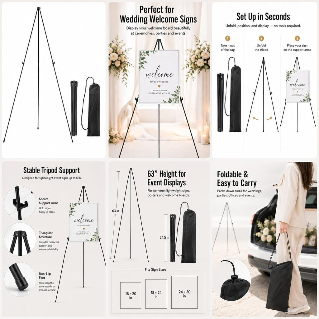 63 Inch Easel Stand for Sign, Poster Stand and Wedding Sign | Instant-fold metal tripod with carry bag for welcome
