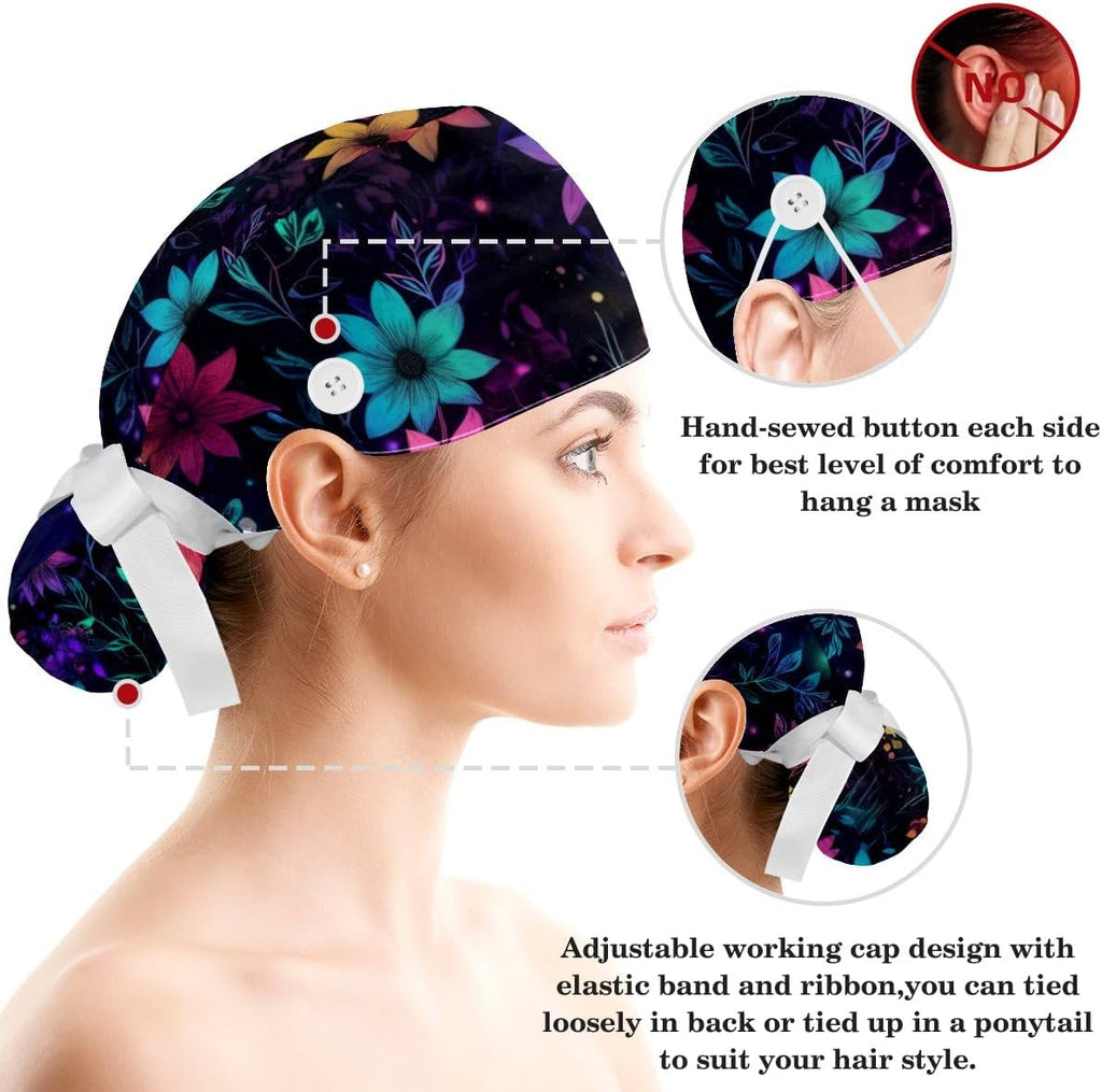 Scrub Caps Women, Surgical Caps with Buttons, Ponytail Nurse Hat, Bouffant Scrub Hats with Hair Scrunchy Adjustable
