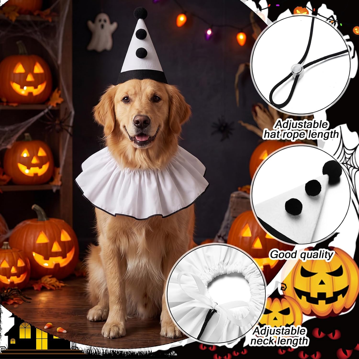 Dog Halloween Costumes Ghost Funny Pet Costume Set Adjustable White Clown Hat and Ruffled Collar for Small Medium