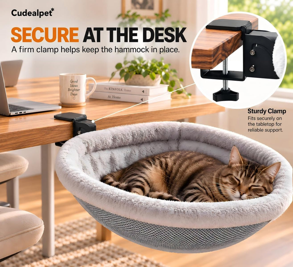 Foldable Cat Desk Bed – Faux Fur Hammock, Holds 50 lbs