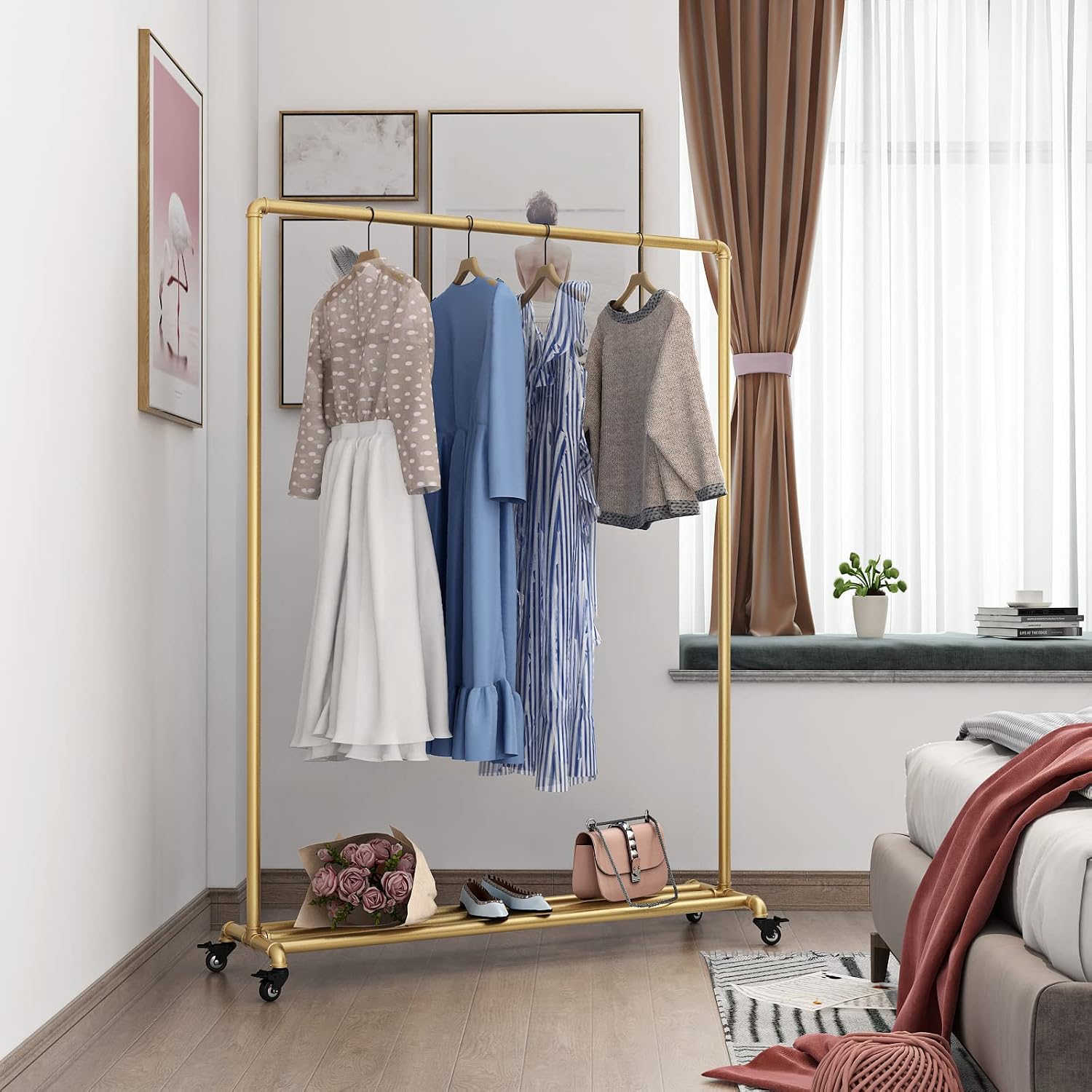 Industrial Gold Clothing Racks on Wheels, Boutique Display Gold Clothes Rack with Shelf, Rolling Garment Rack for