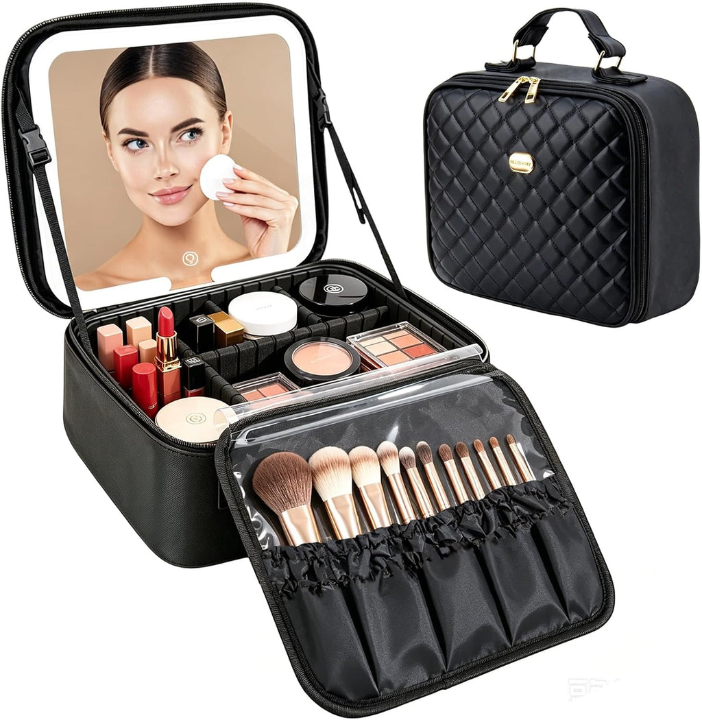 Travel Makeup Bag with LED Mirror, Travel Makeup Organizer，Three-level Adjustable Brightness, Makeup Bag with