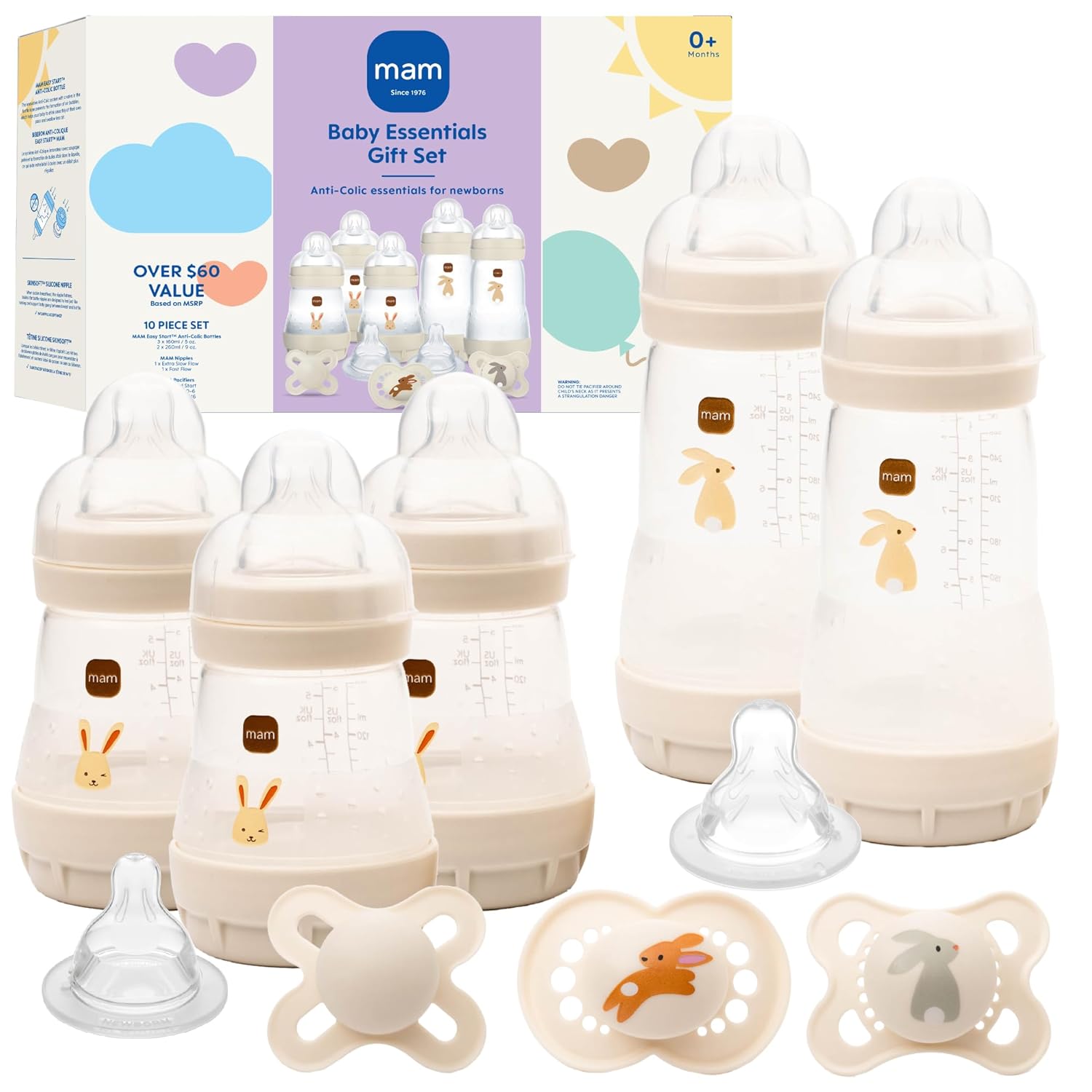 Easy Start Anti-Colic Baby Bottle & Pacifier Set, 5 Self Sterilizing Bottles (3X 5oz, 2X 9oz) & 3 Original Pacifiers
