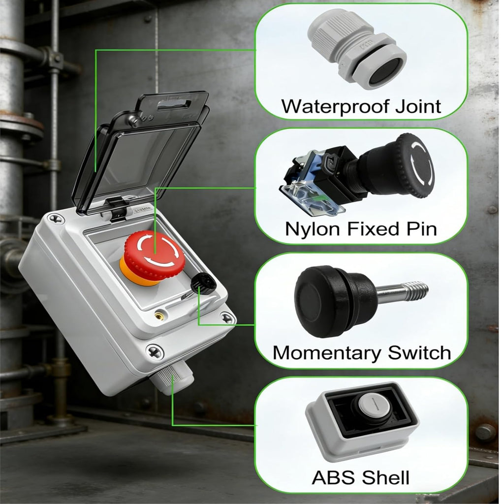 Emergency Stop Button with Weatherproof Box, 660V 10A, IP67 Rated, Emergency Shut Off Switch, E-Stop Red Push Button Switch