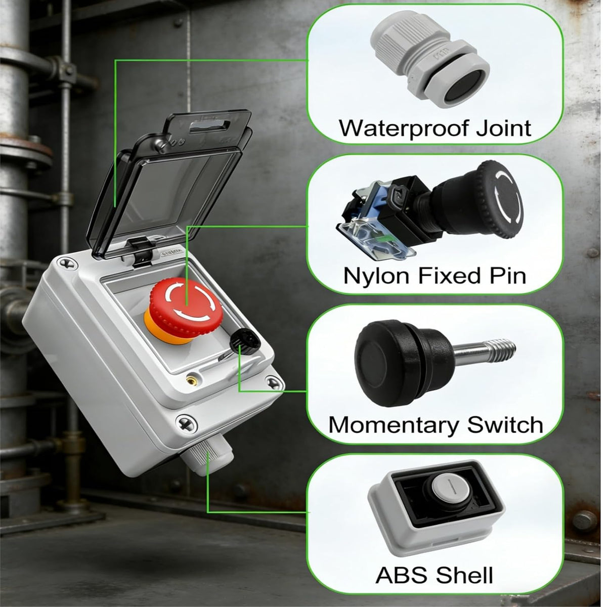 Emergency Stop Button with Weatherproof Box, 660V 10A, IP67 Rated, Emergency Shut Off Switch, E-Stop Red Push Button Switch