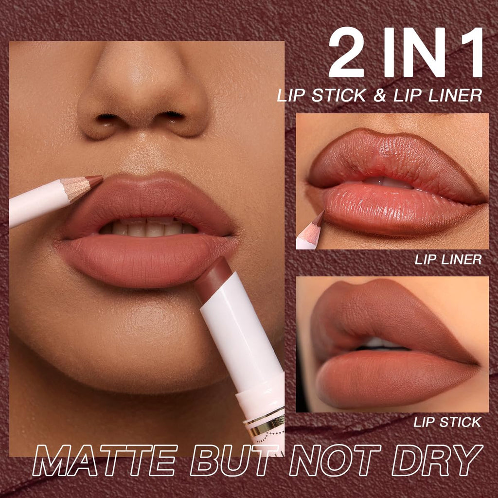2 in 1 Waterproof Lipstick and Lip Liner Combo Set - Long Lasting Matte Lipstick Pen with Lip Liner Set Makeup Kits