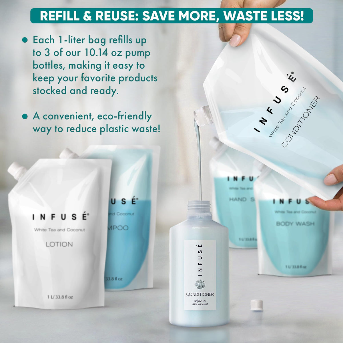 1-Pack 1 Liter Conditioner Refill Bags for Hotel Soap Dispensers