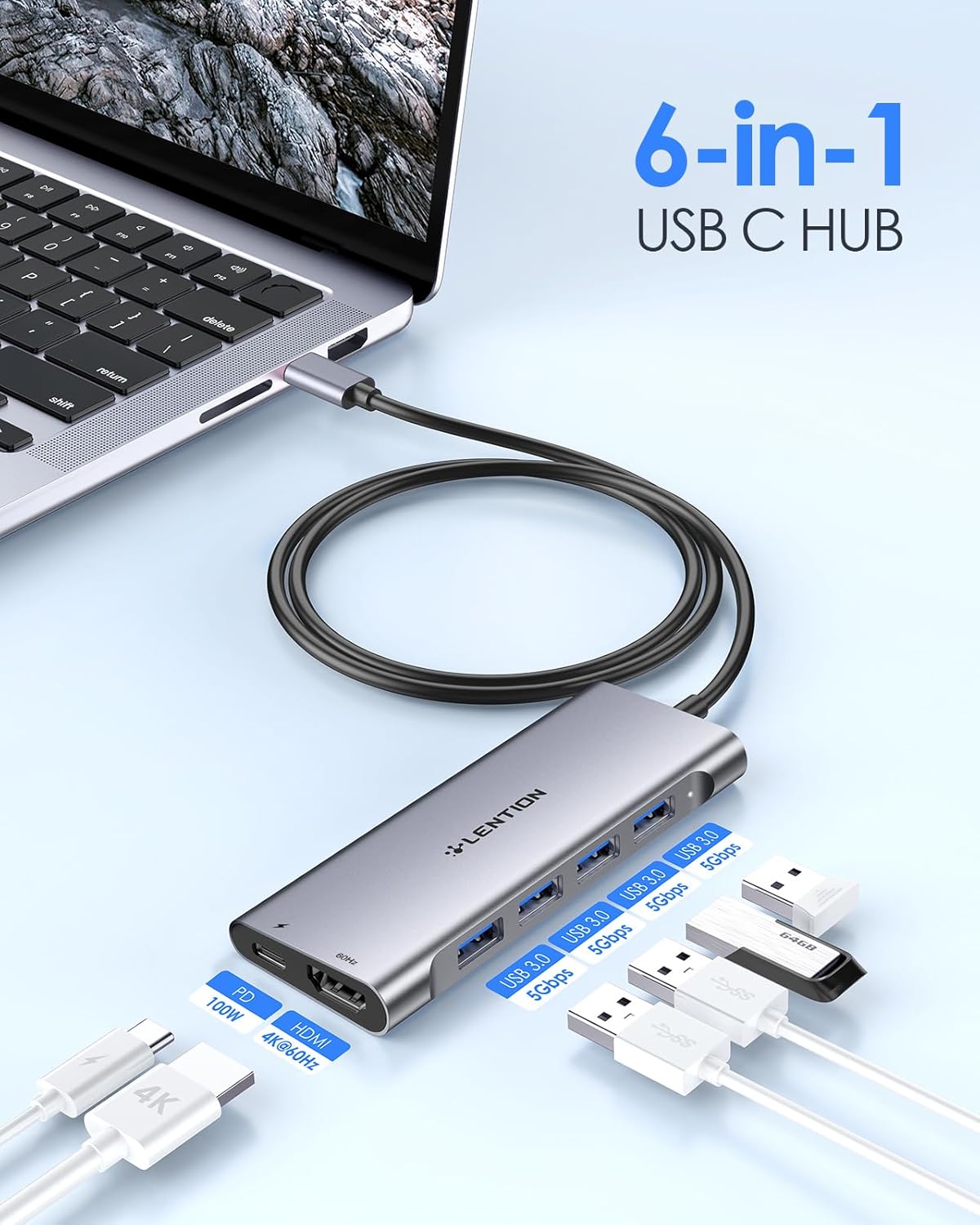 3.3FT Long Cable USB C Hub with 4K HDMI, 100W PD Charging, 4 USB 3.0 Port & LED Indicator for MacBook Pro/Air, Dell