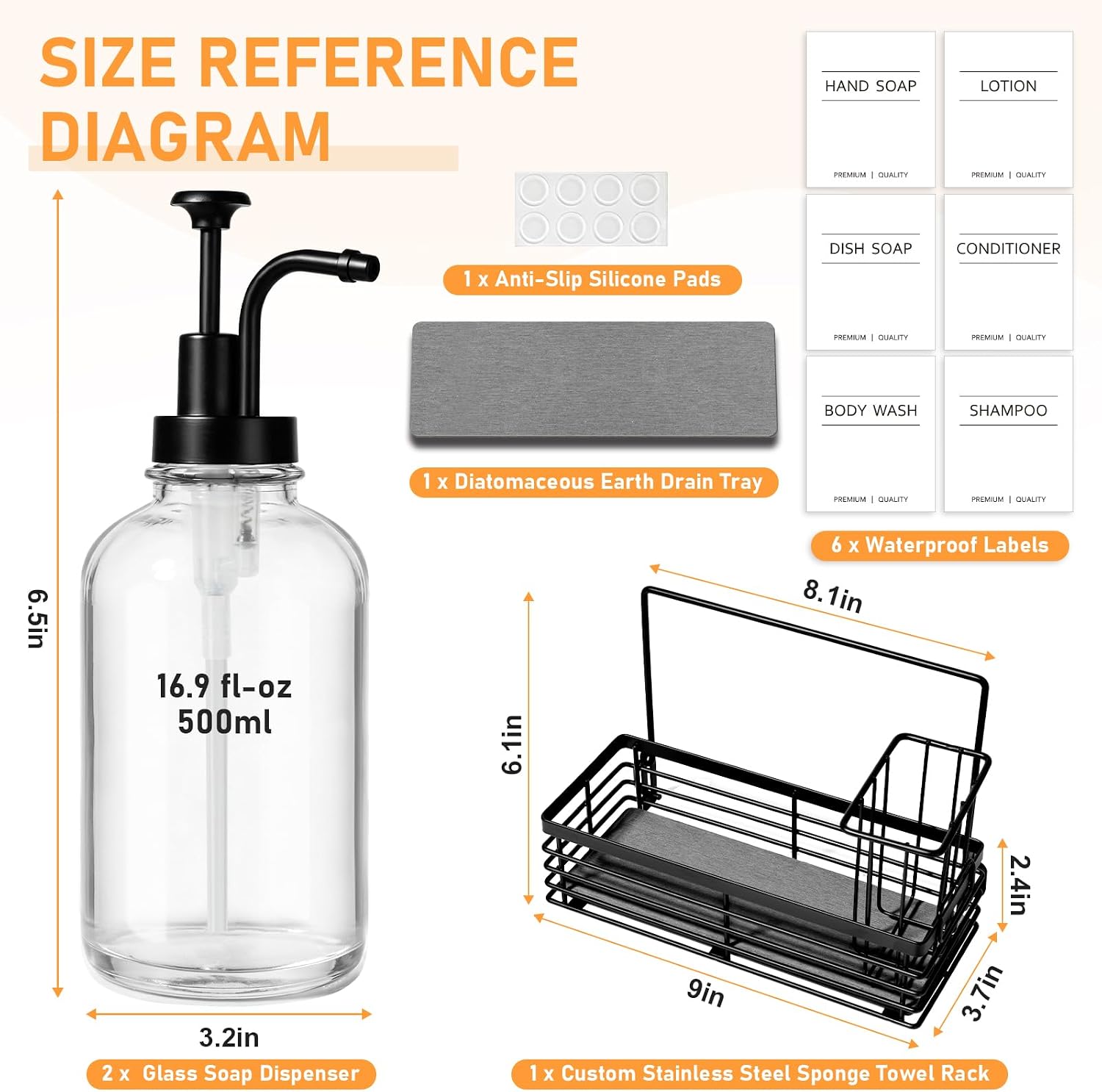 Kitchen Soap Dispenser Set, 16.9 oz/500 ml Hand and Dish Soap Dispenser Set, Glass Soap Dispenser with Sponge Holder